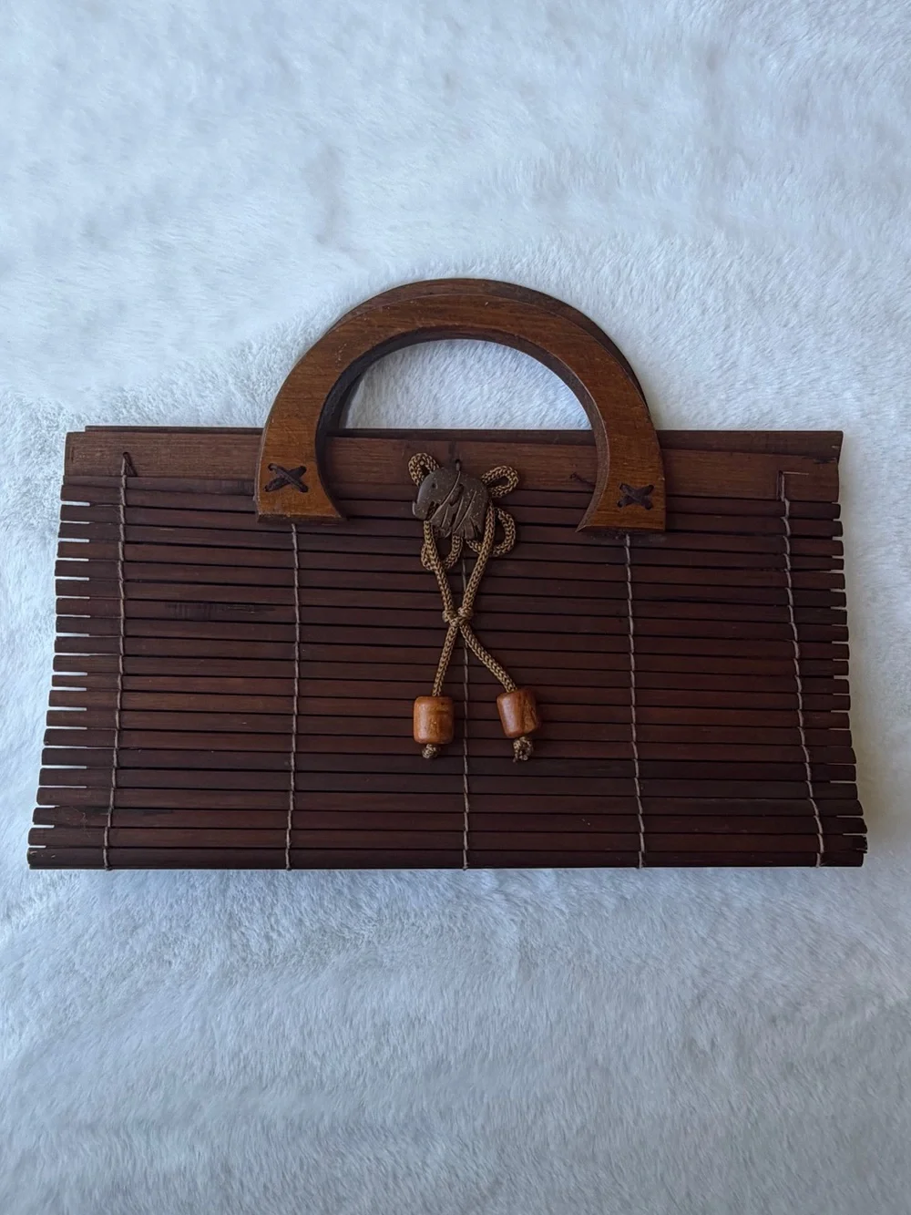 Vintage Handmade Bamboo Wooden Top Handle Boho Cottagecore Handbag